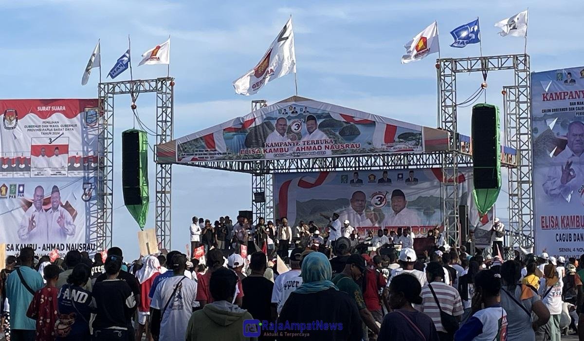 Ket: Kampanye terbuka pasangan Calon Gubernur dan Wakil Gubernur Papua Barat Daya, Elisa Kambu dan Ahmad Nausrau di Raja Ampat, Selasa, (4/11/2024)/R4News