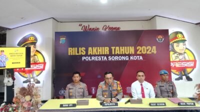 KET: Kapolres Sorong kota Kombes pol Happy Perdana yang didampingi kasat Reskrim dan Kabag Ops serta Kasi Propam sampaikan perkembangan Kamtibmas Kota Sorong sepanjang tahun 2024/Dony Kumuai